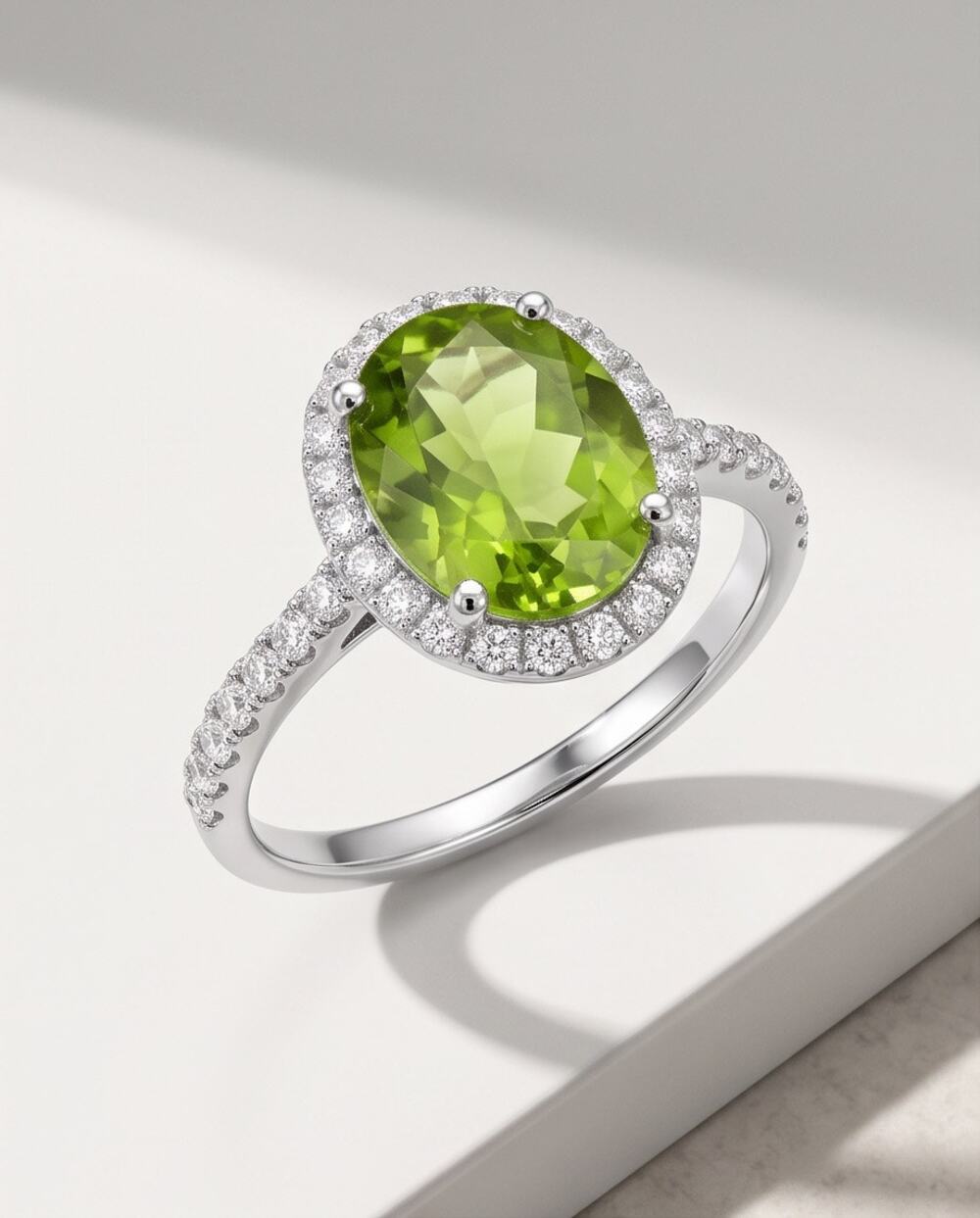New Old Stock Oval Halo Peridot Diamond Sterling Ring Size 10